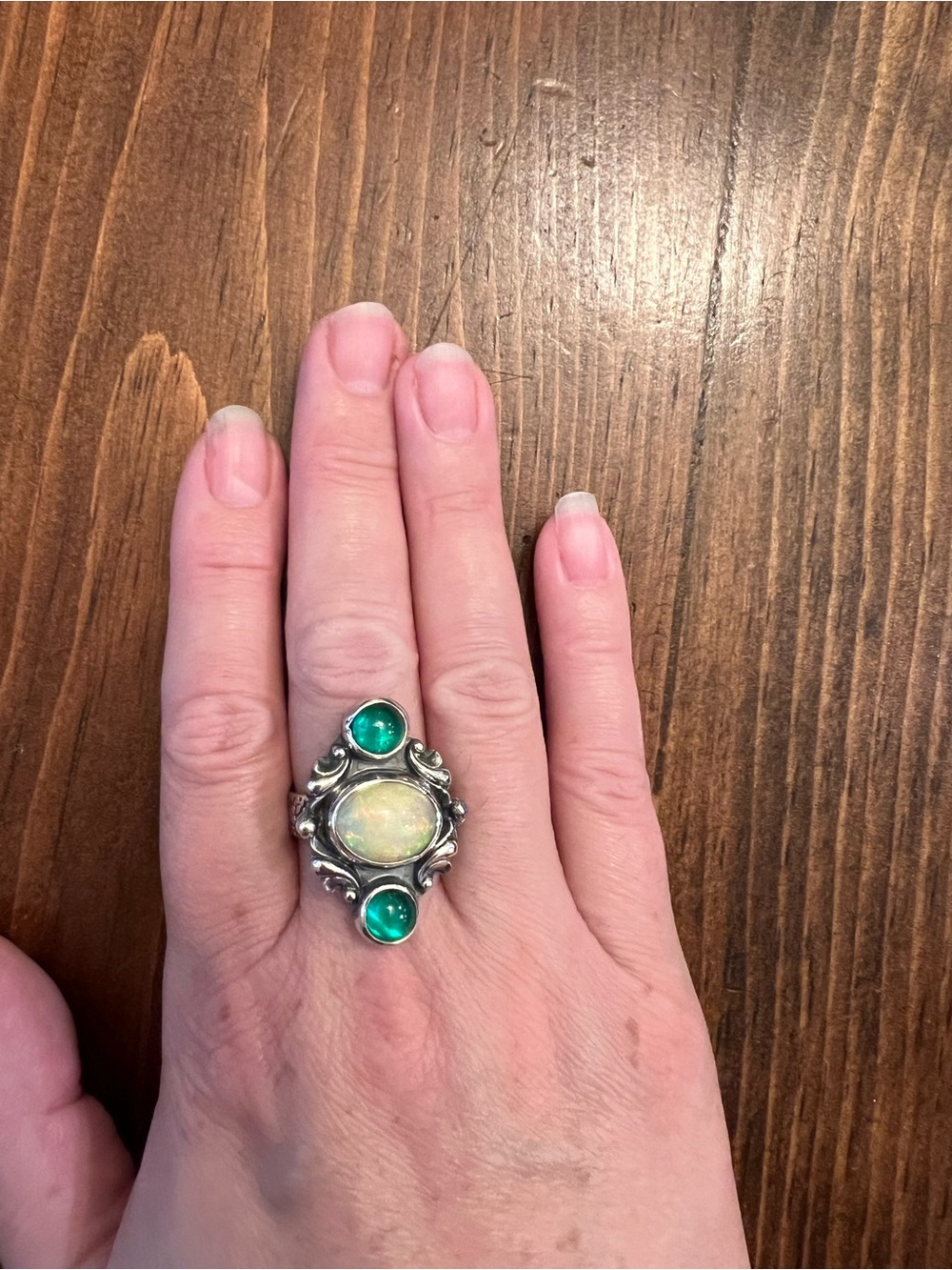 Sterling Silver Opal and Green Gemstone Statement Ring